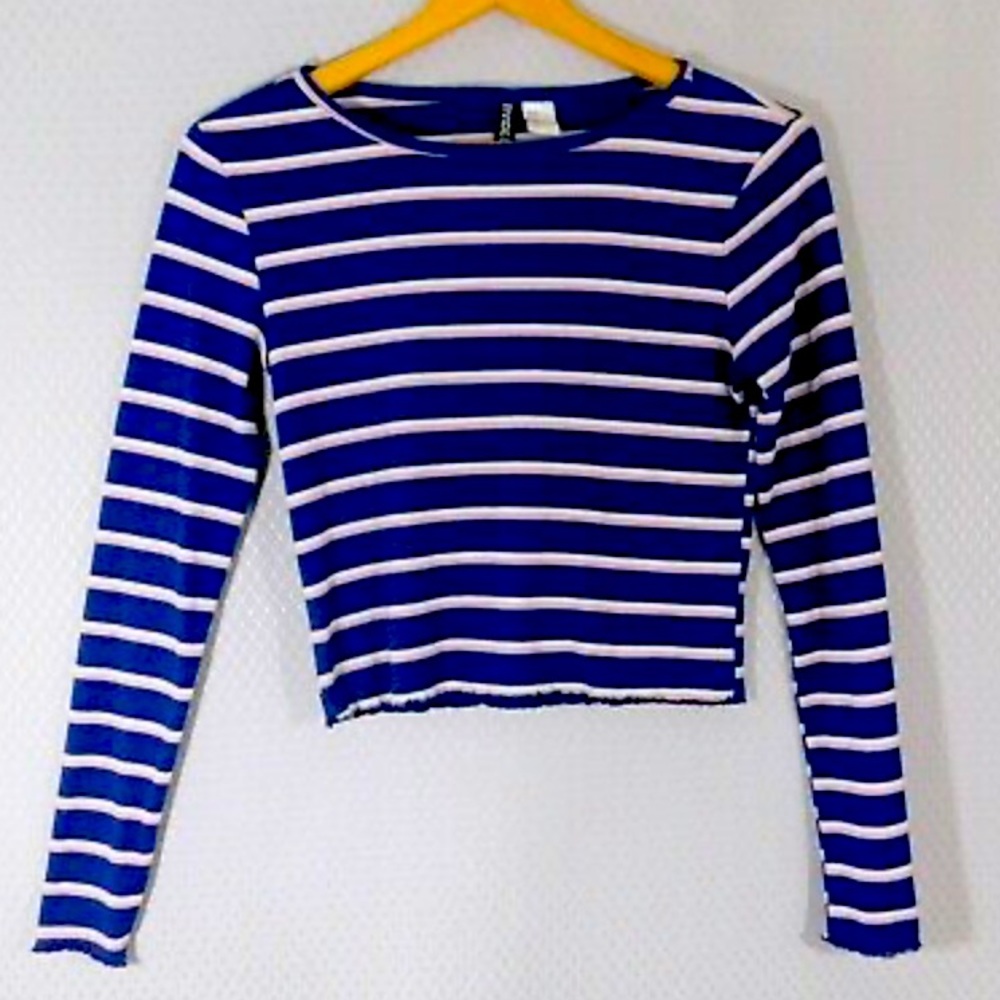 Divided Blue Striped Long Sleeved Crop Top